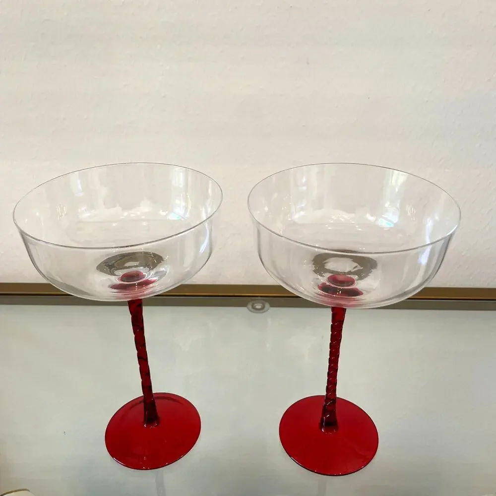 Set of 2 Coupe Martini Glasses with Ruby Red Textured Long Stem NEW
